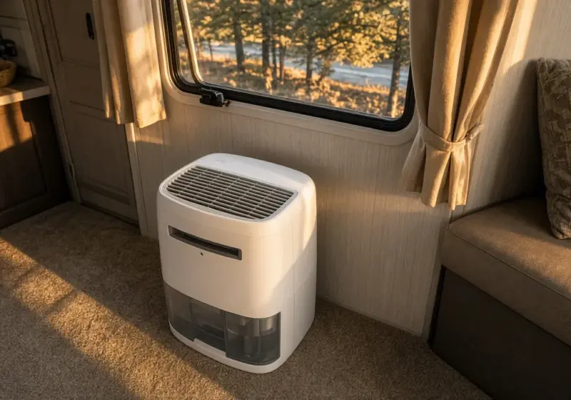 A dehumidifier running inside an RV with a window slightly open