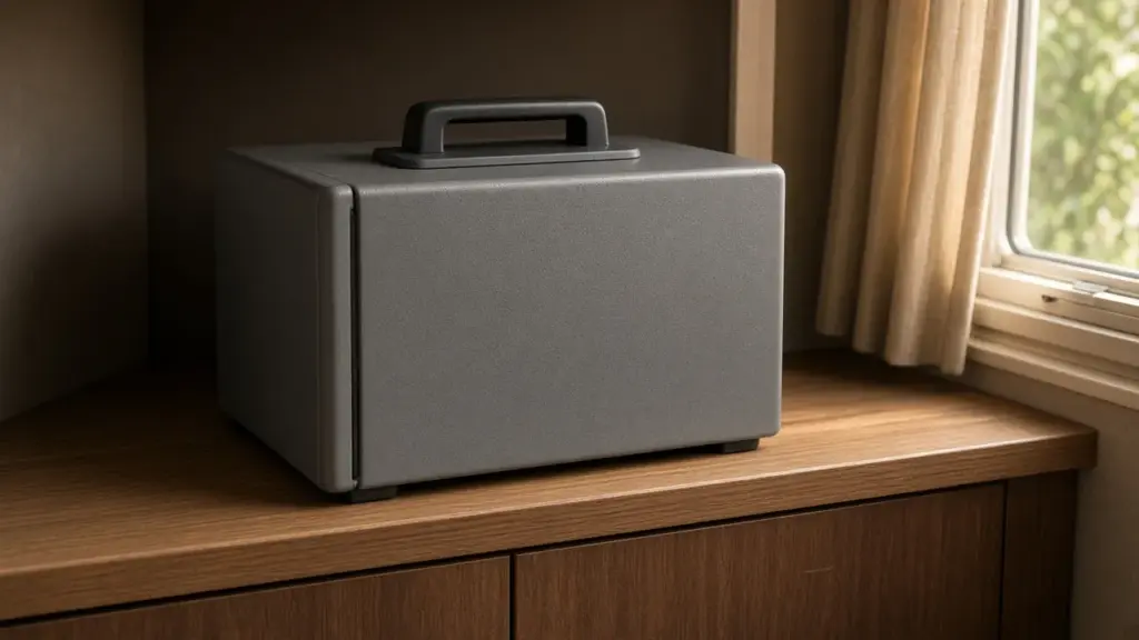 A fireproof document box on an RV shelf
