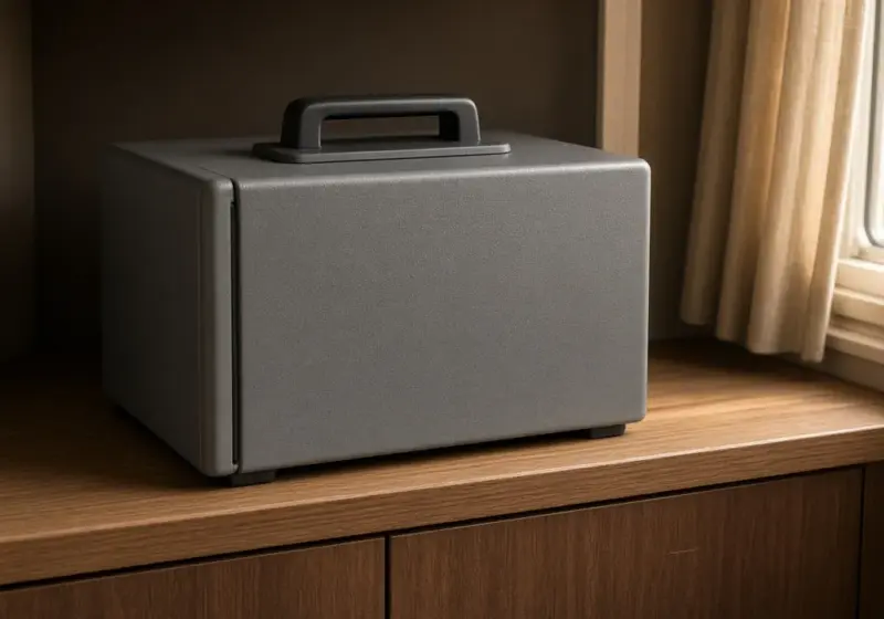 A fireproof document box on an RV shelf