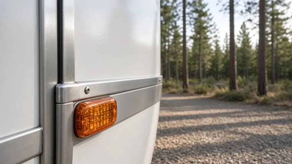A close-up of RV exterior trim and a marker light
