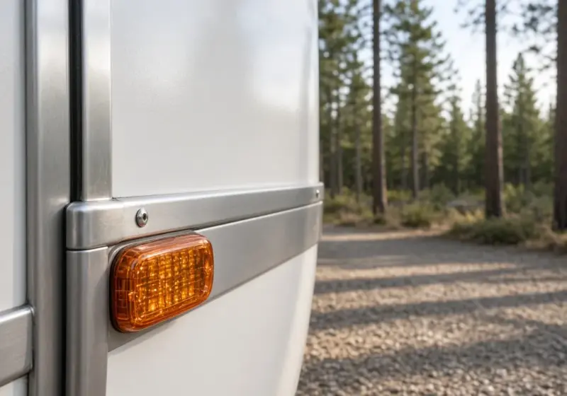 A close-up of RV exterior trim and a marker light