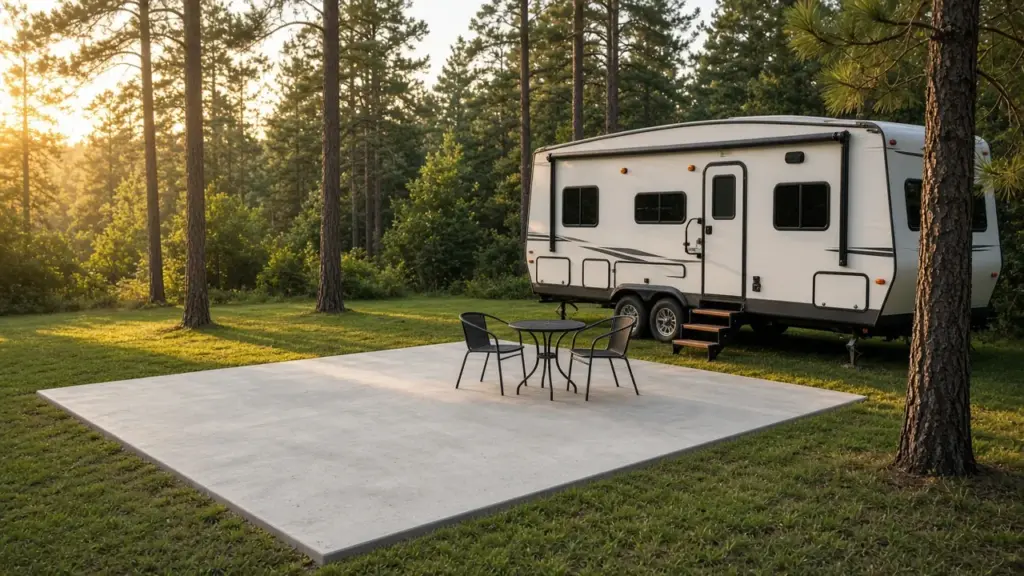 A tidy concrete RV pad with only nice outdoor furniture on it