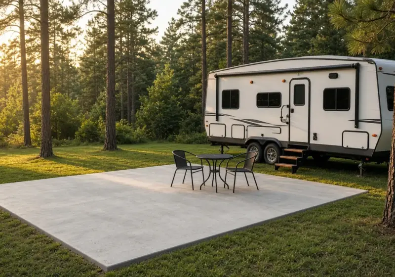 A tidy concrete RV pad with only nice outdoor furniture on it