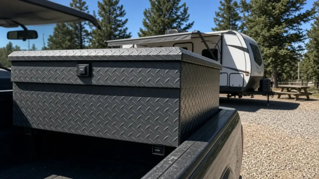 A toolbox secured in the bed of a pickup truck parked at an RV site