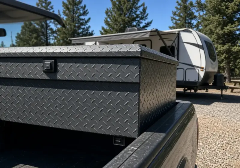 A toolbox secured in the bed of a pickup truck parked at an RV site