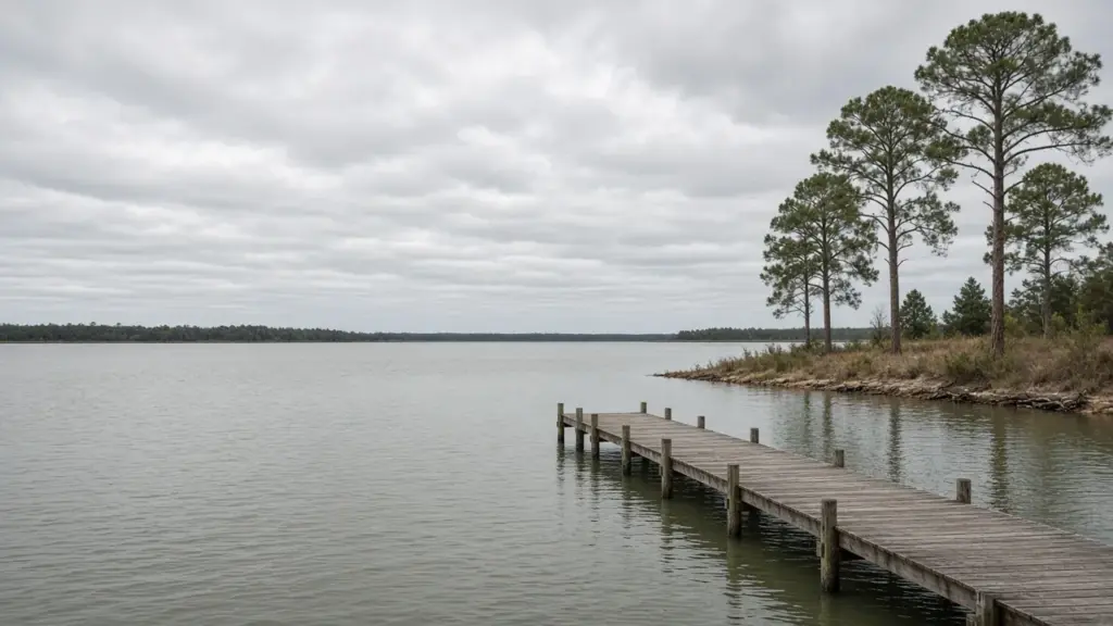 A large lake with a wooden dock and pine trees along the shore