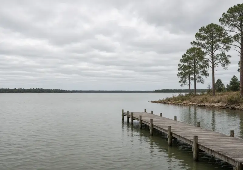A large lake with a wooden dock and pine trees along the shore