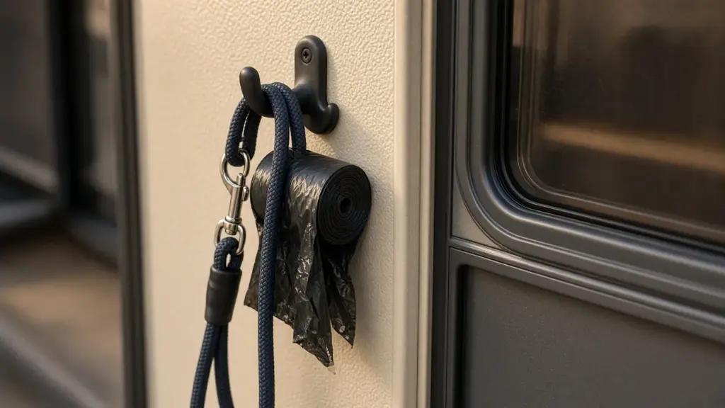 A leash and waste bags hanging by an RV door