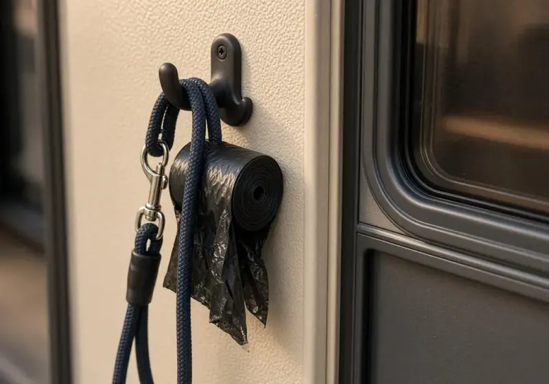 A leash and waste bags hanging by an RV door