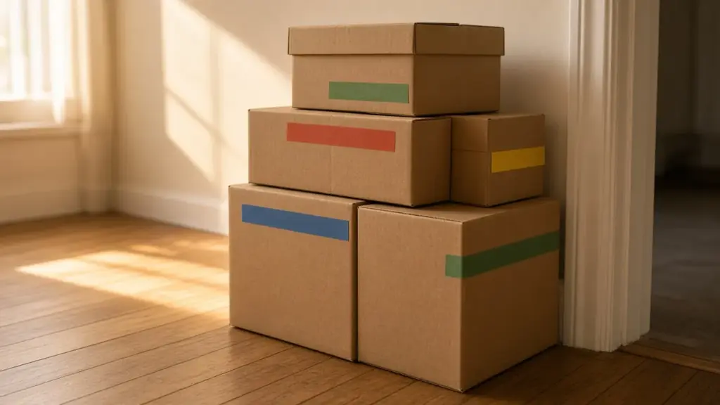 Cardboard boxes labeled only with colored tape stacked in an empty living room beside a doorway