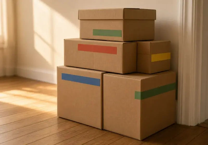 Cardboard boxes labeled only with colored tape stacked in an empty living room beside a doorway