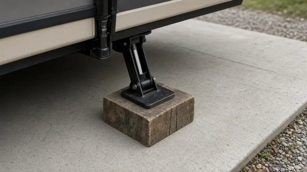 An RV leveling jack foot resting on a wooden pad on concrete