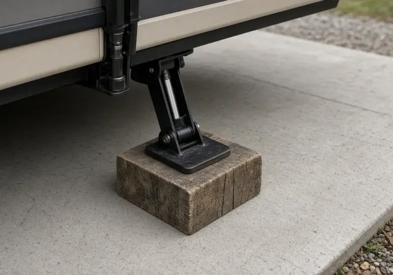 An RV leveling jack foot resting on a wooden pad on concrete