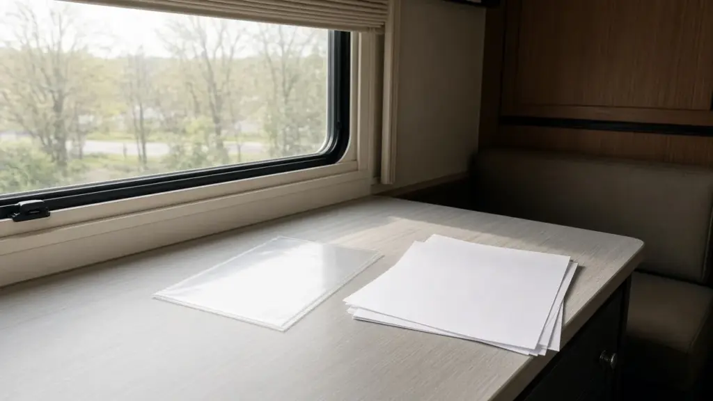 An insurance card sleeve and papers on an RV desk