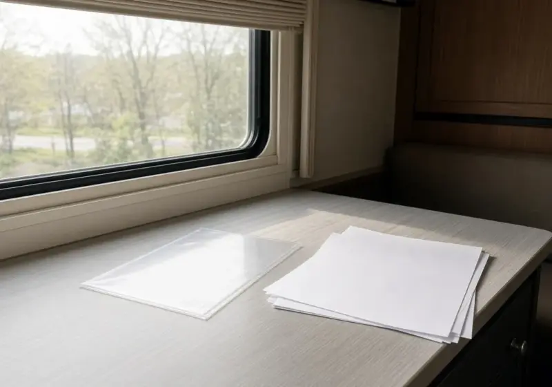 An insurance card sleeve and papers on an RV desk