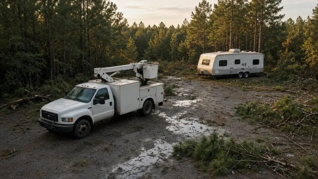A utility bucket truck parked near a travel trailer after a storm
