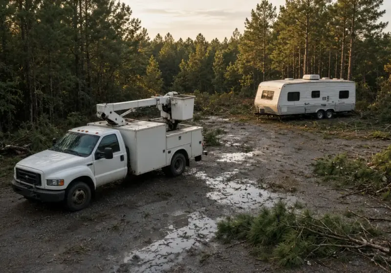 A utility bucket truck parked near a travel trailer after a storm