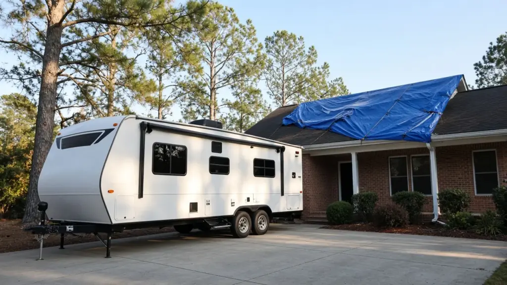 A travel trailer parked beside a house with a blue tarp on the roof after storm damage