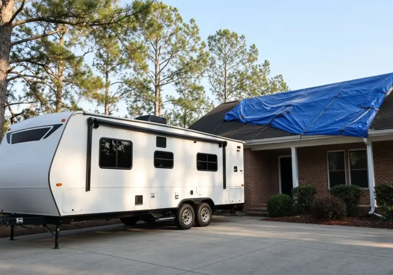 A travel trailer parked beside a house with a blue tarp on the roof after storm damage