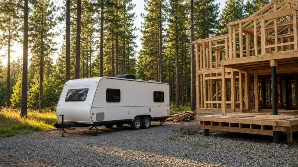 A travel trailer parked on a gravel driveway beside a house under construction with fresh wood framing