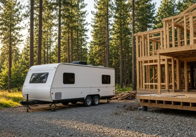 A travel trailer parked on a gravel driveway beside a house under construction with fresh wood framing