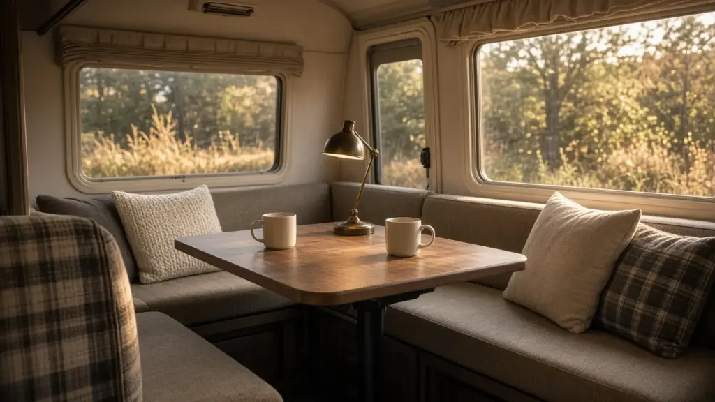 A cozy RV interior set up for two with two mugs on the dinette and a reading lamp
