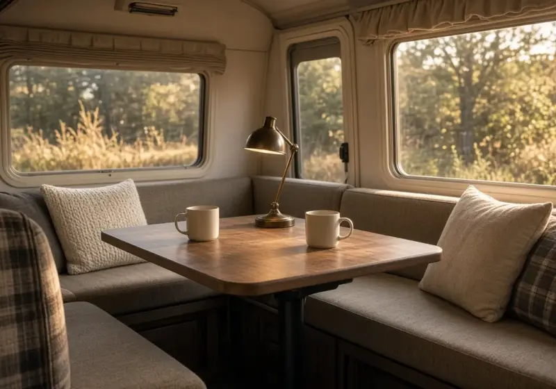 A cozy RV interior set up for two with two mugs on the dinette and a reading lamp