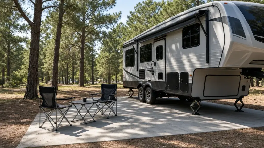 Two folding chairs and a small outdoor table beside a fifth wheel on a concrete pad