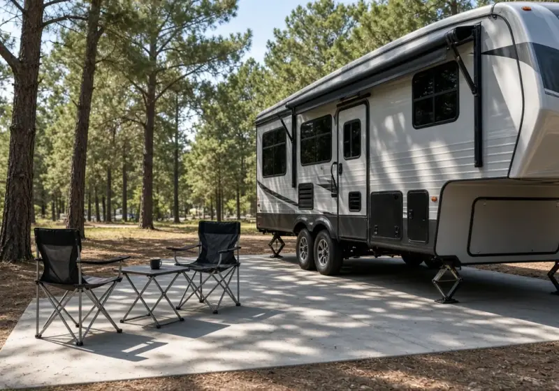 Two folding chairs and a small outdoor table beside a fifth wheel on a concrete pad