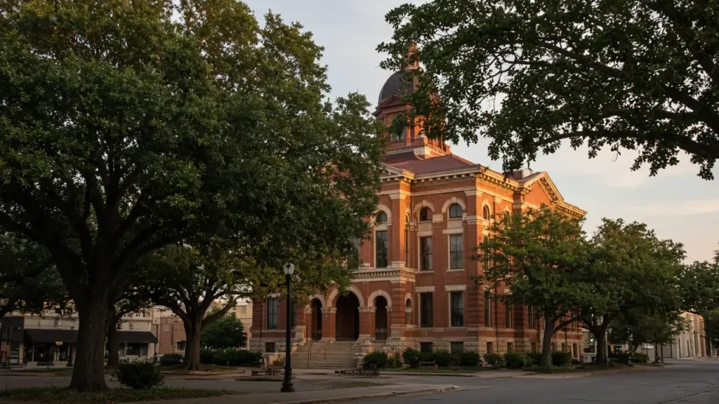 A historic brick government building on a square in a small Texas city