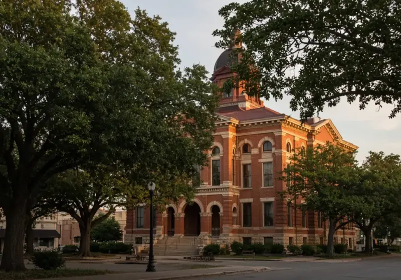 A historic brick government building on a square in a small Texas city
