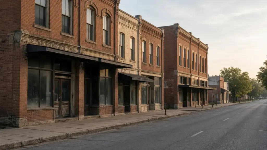 A small-town Texas main street with brick buildings in morning light