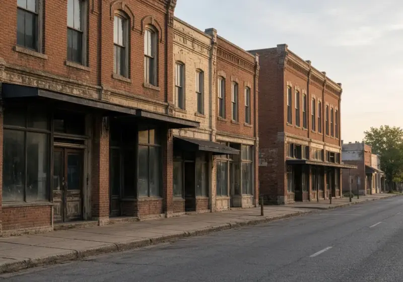 A small-town Texas main street with brick buildings in morning light