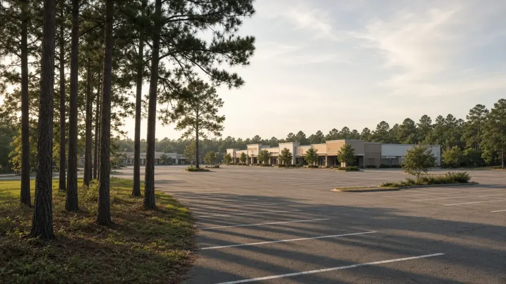 A shopping center parking lot with tall pine trees at the edge in Southeast Texas