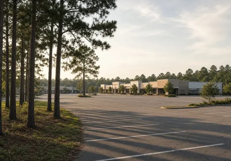 A shopping center parking lot with tall pine trees at the edge in Southeast Texas