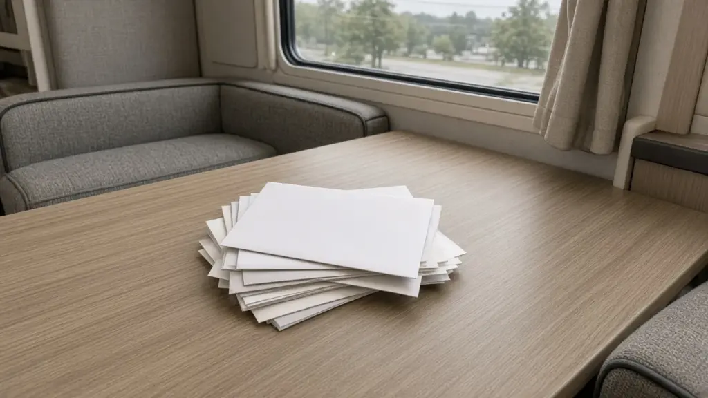 A stack of mail and envelopes on an RV table