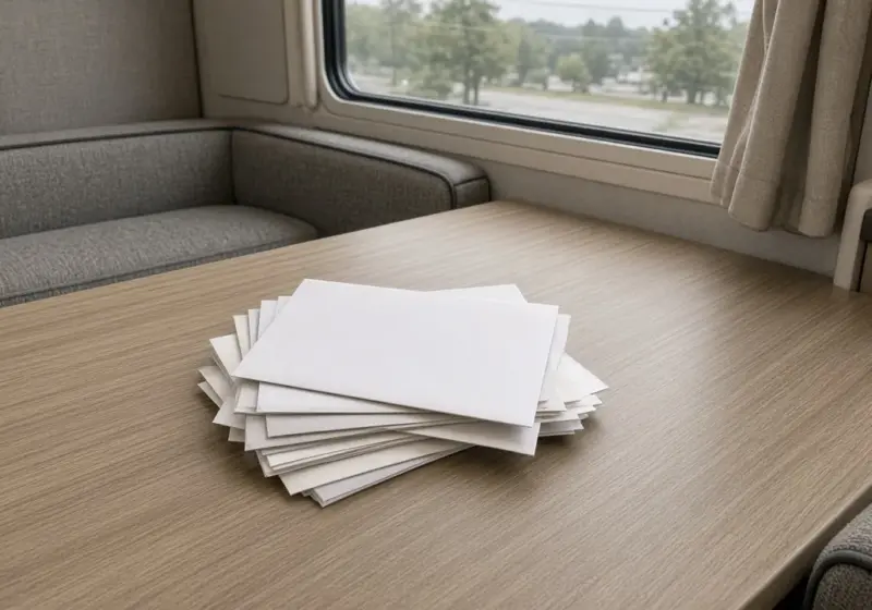 A stack of mail and envelopes on an RV table