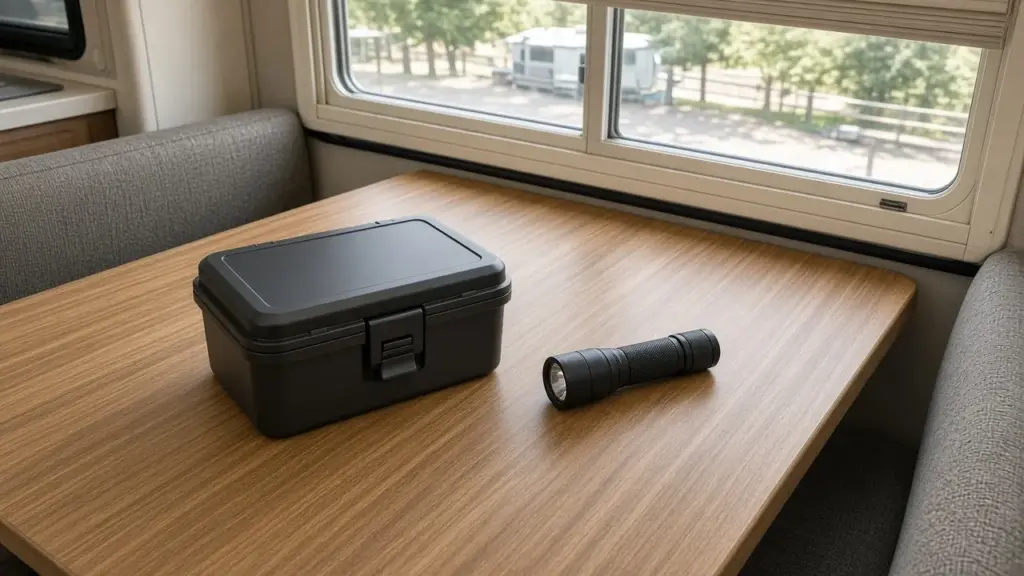 A waterproof document box and a flashlight on an RV table