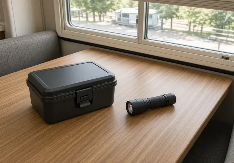 A waterproof document box and a flashlight on an RV table