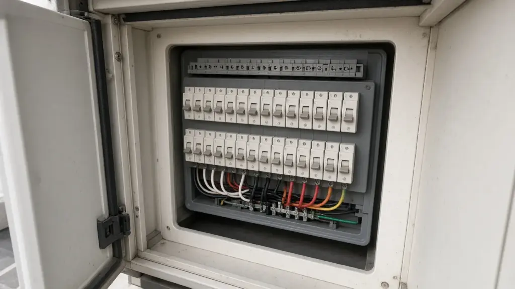 An RV breaker panel with rows of switches