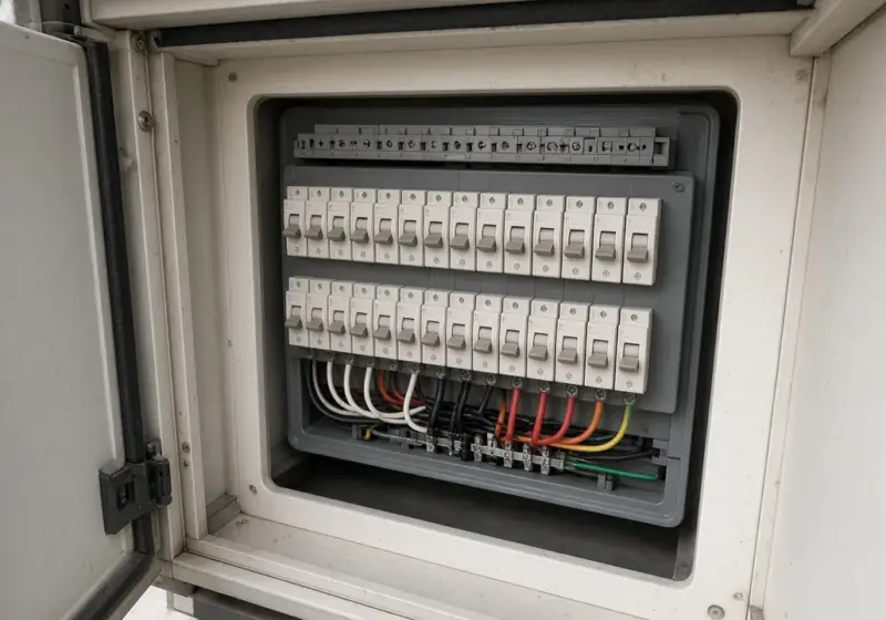 An RV breaker panel with rows of switches
