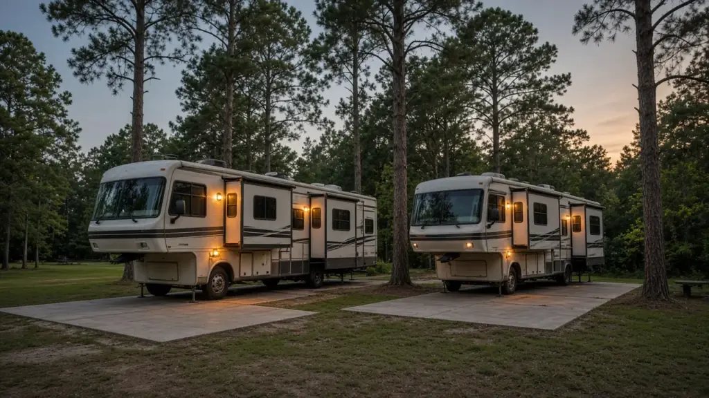 Two RVs parked side by side on concrete pads in a small quiet park at dusk with porch lights on