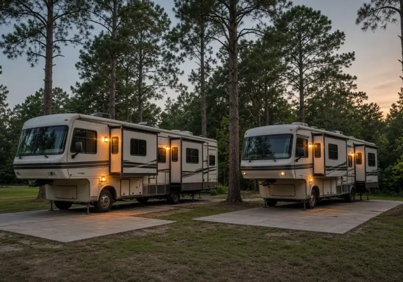 Two RVs parked side by side on concrete pads in a small quiet park at dusk with porch lights on