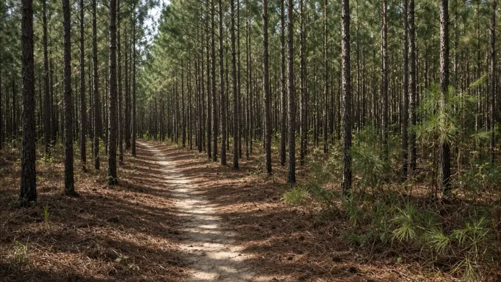 A walking trail through a tall pine forest in Southeast Texas