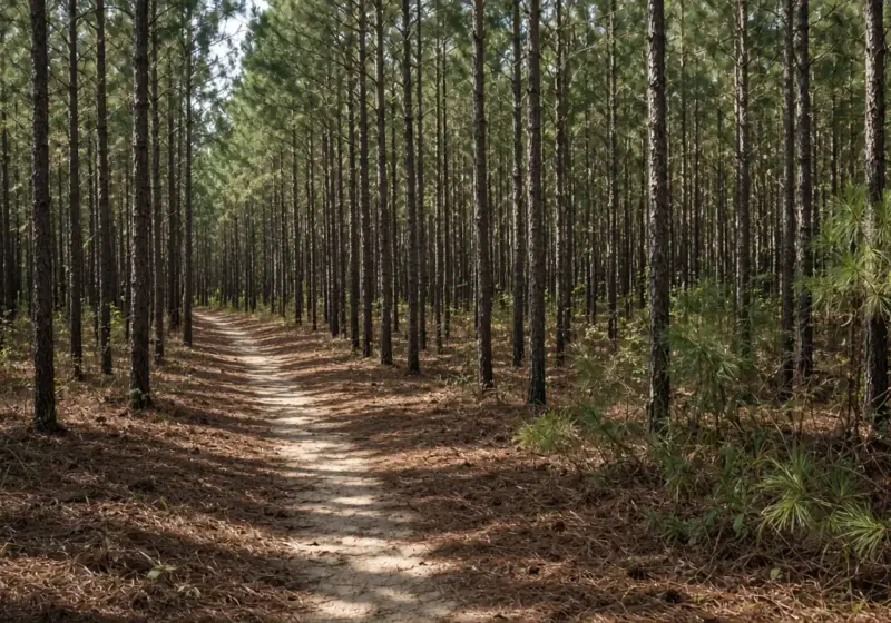 A walking trail through a tall pine forest in Southeast Texas