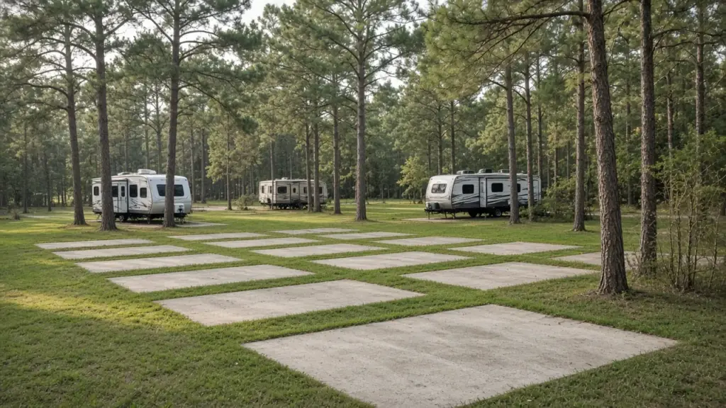 A wide view of a small ten-site RV park with covered pads and open lawn