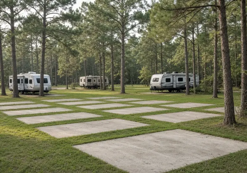 A wide view of a small ten-site RV park with covered pads and open lawn