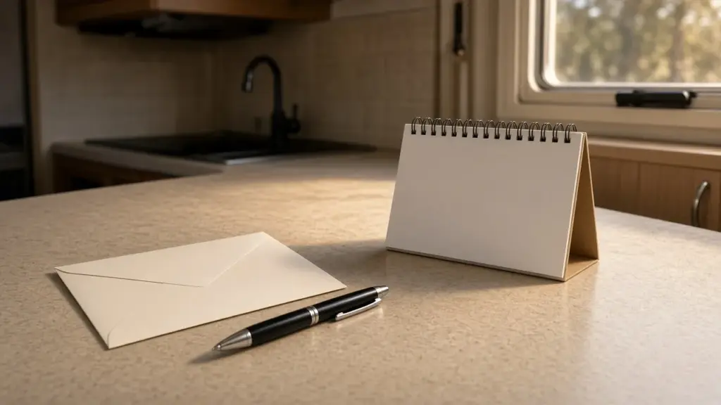 An envelope and pen next to a small calendar on an RV counter