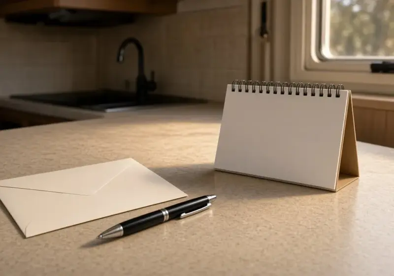 An envelope and pen next to a small calendar on an RV counter