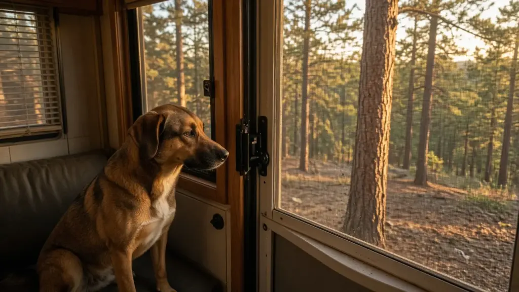 A dog watching through an RV screen door from inside
